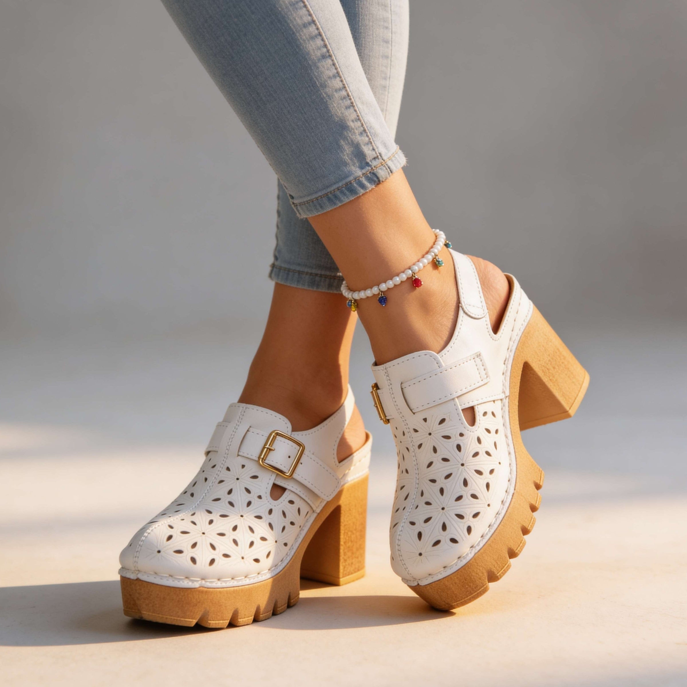 Retro Platform Heels with Cutout Detail and Buckle Strap