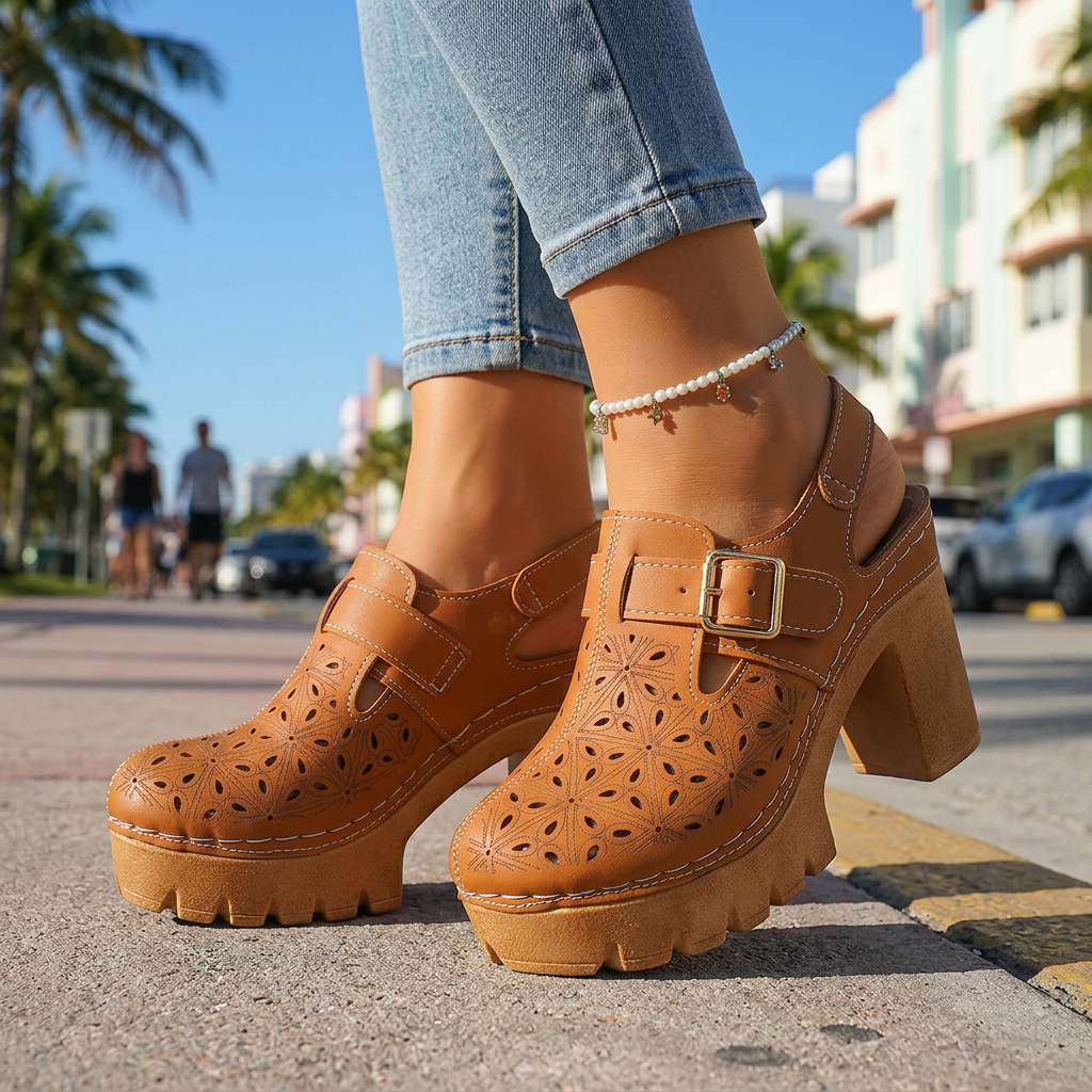 Retro Platform Heels with Cutout Detail and Buckle Strap