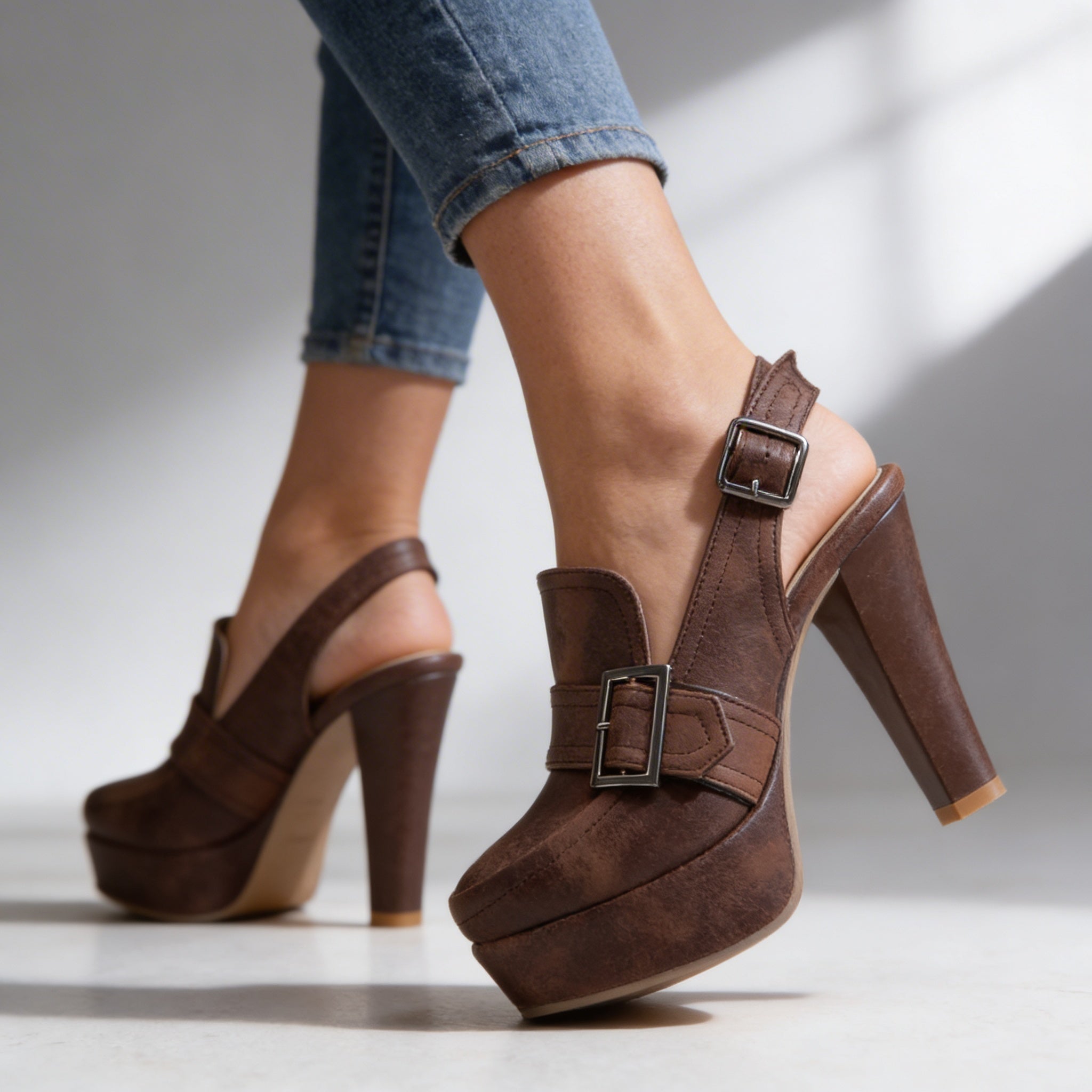 Retro Platform Heels with Loafer Front and Slingback Buckle Strap
