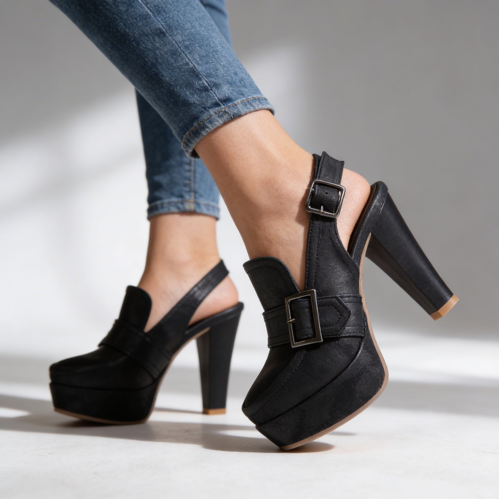 Retro Platform Heels with Loafer Front and Slingback Buckle Strap