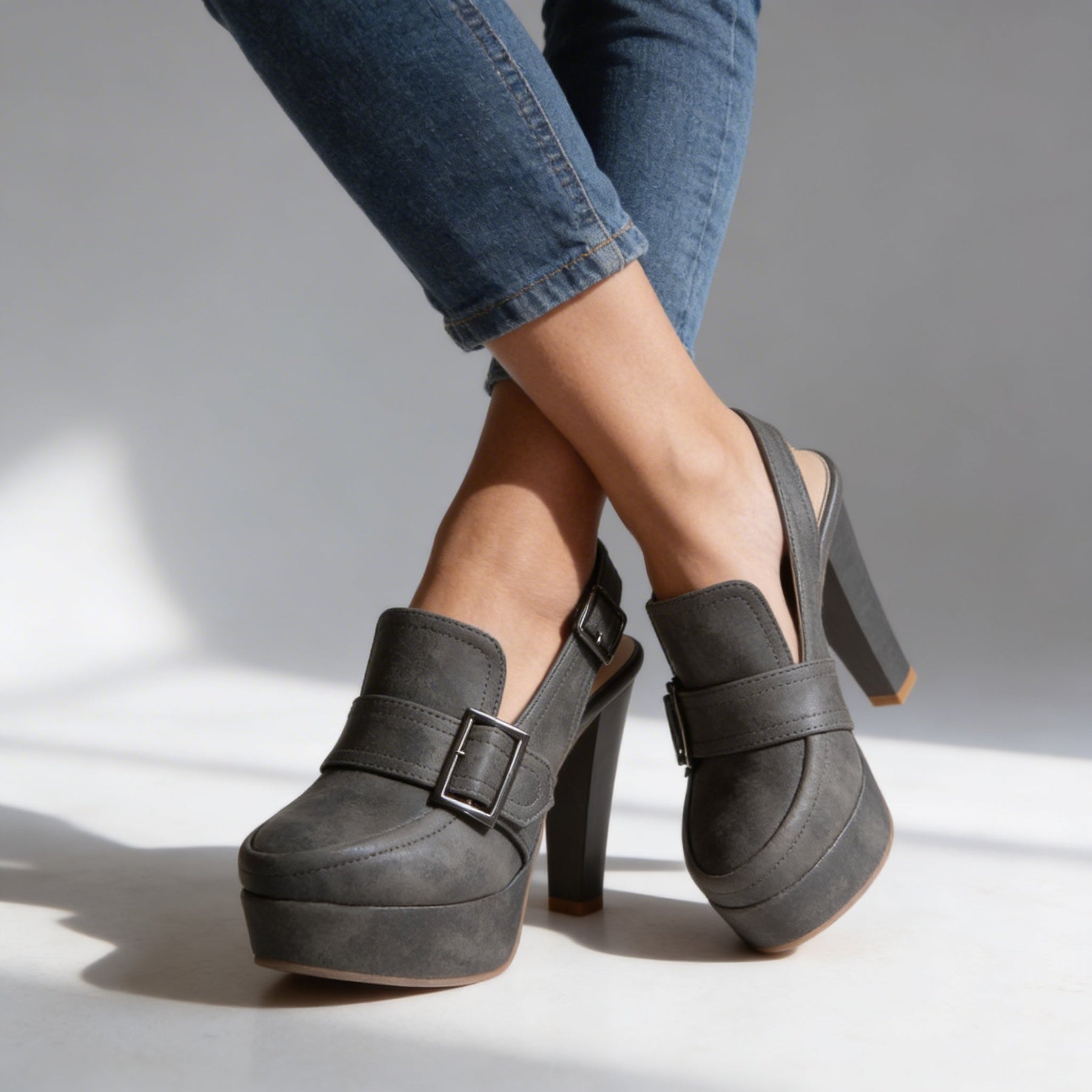Retro Platform Heels with Loafer Front and Slingback Buckle Strap