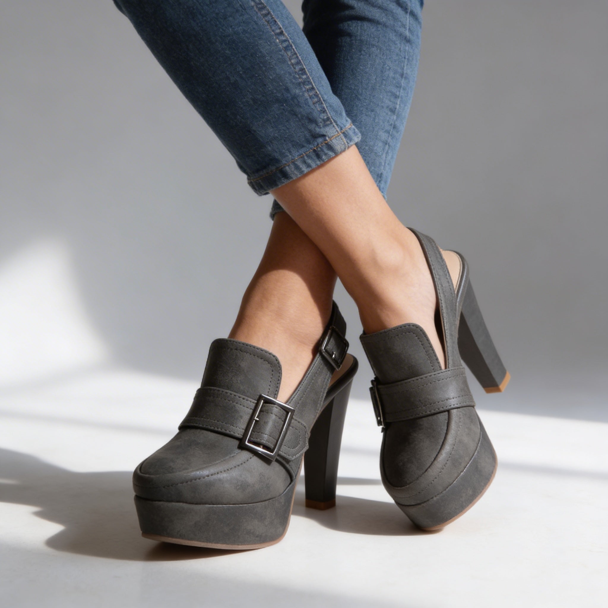 Retro Platform Heels with Loafer Front and Slingback Buckle Strap