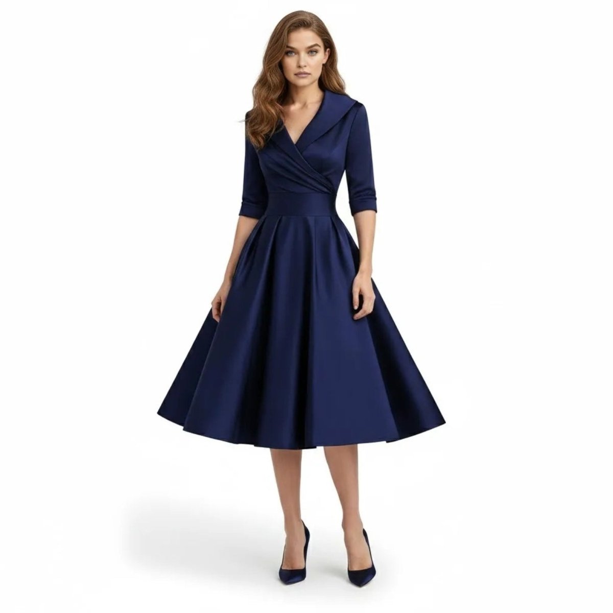 Retro Wrap Midi Dress with V-Neckline and Full Skirt