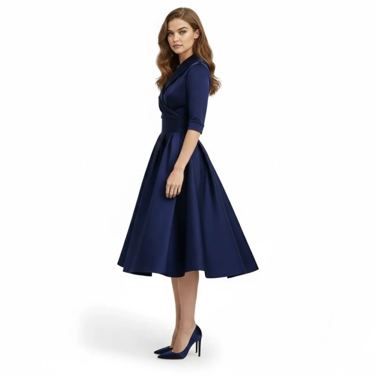 Retro Wrap Midi Dress with V-Neckline and Full Skirt