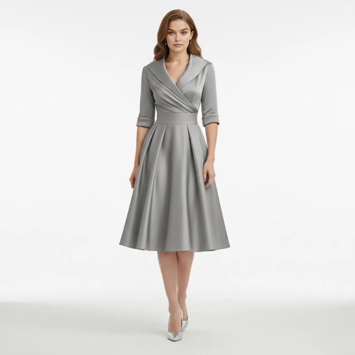 Retro Wrap Midi Dress with V-Neckline and Full Skirt