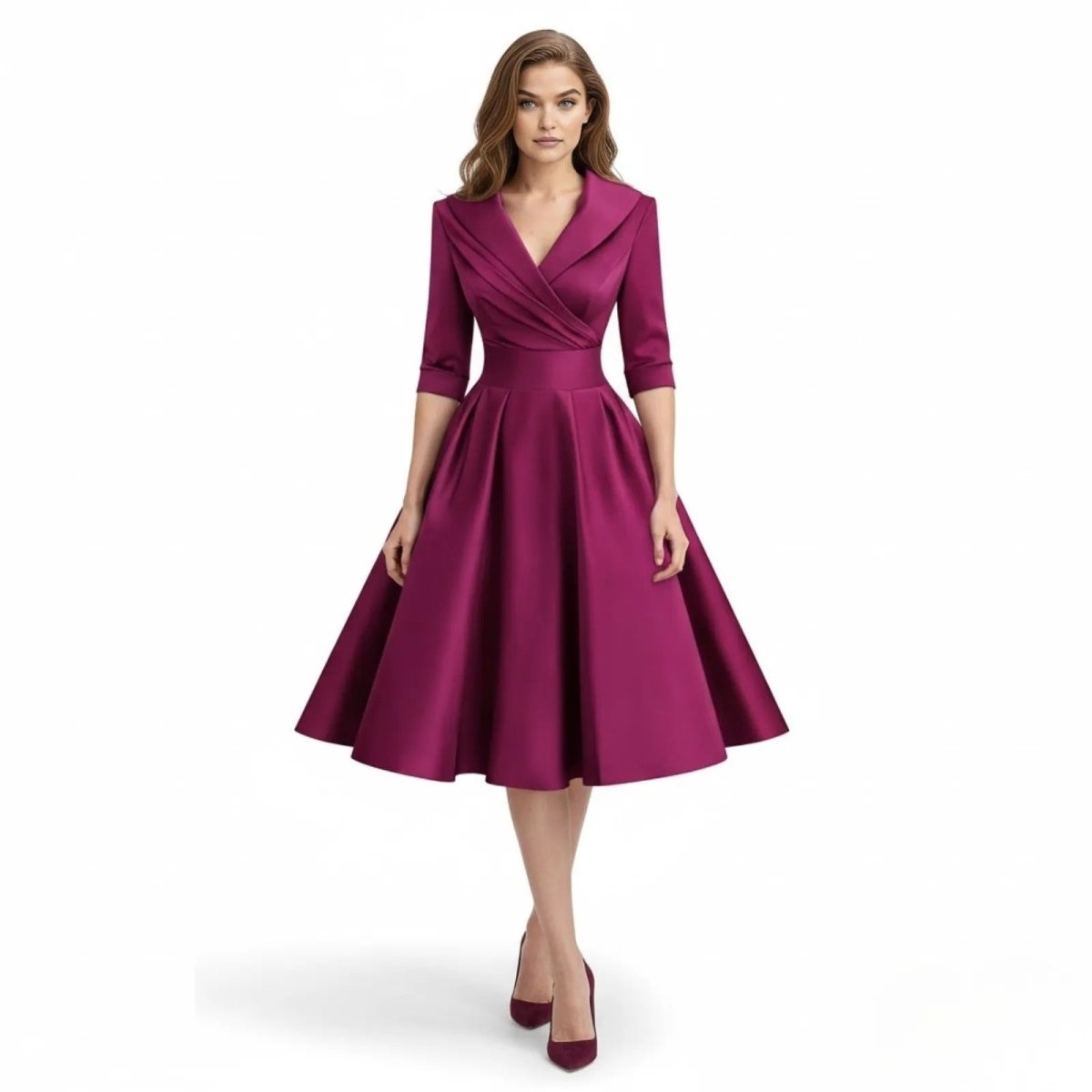 Retro Wrap Midi Dress with V-Neckline and Full Skirt