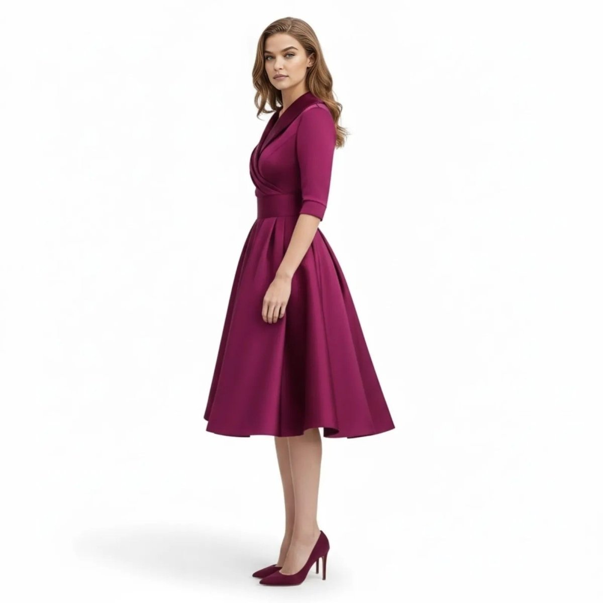 Retro Wrap Midi Dress with V-Neckline and Full Skirt