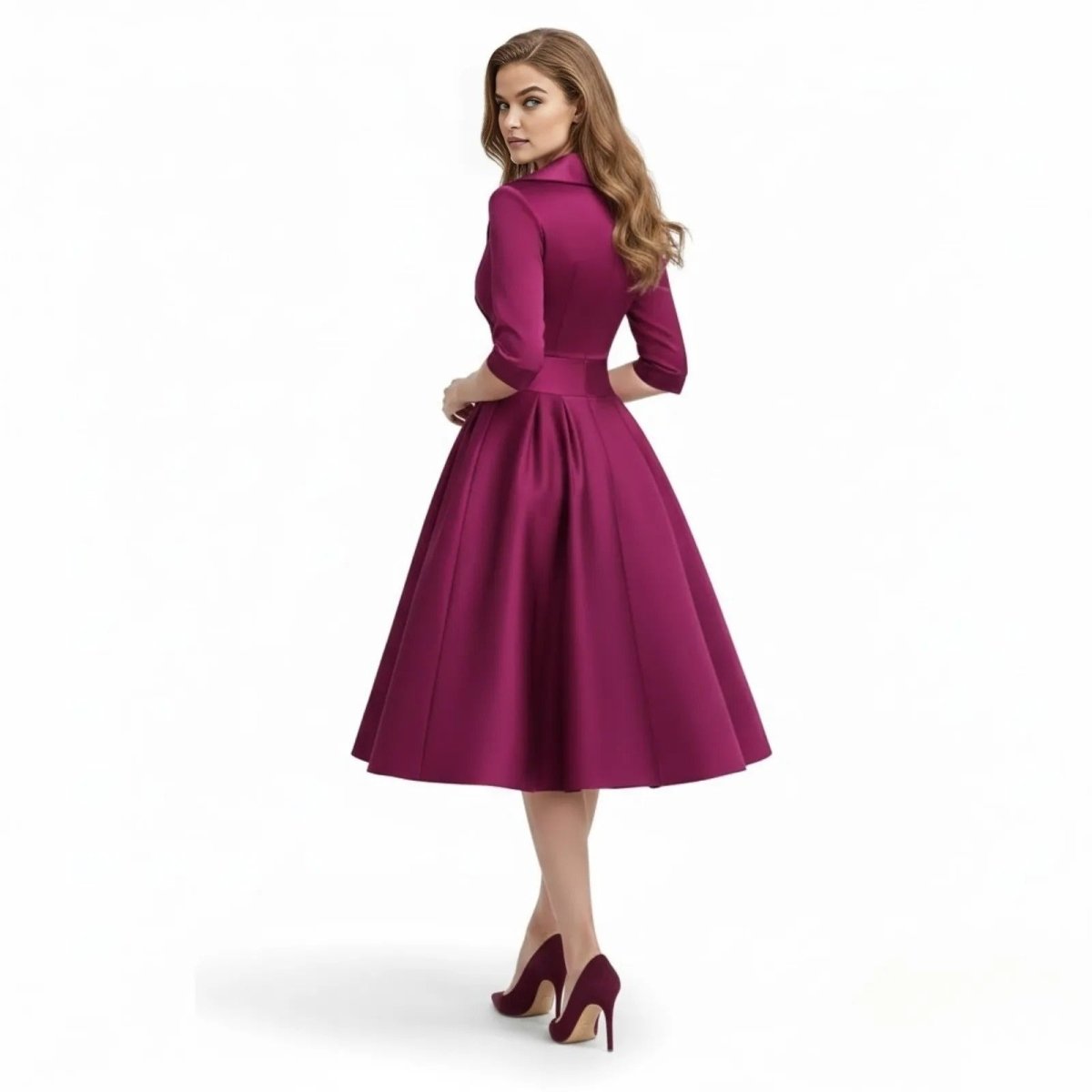 Retro Wrap Midi Dress with V-Neckline and Full Skirt