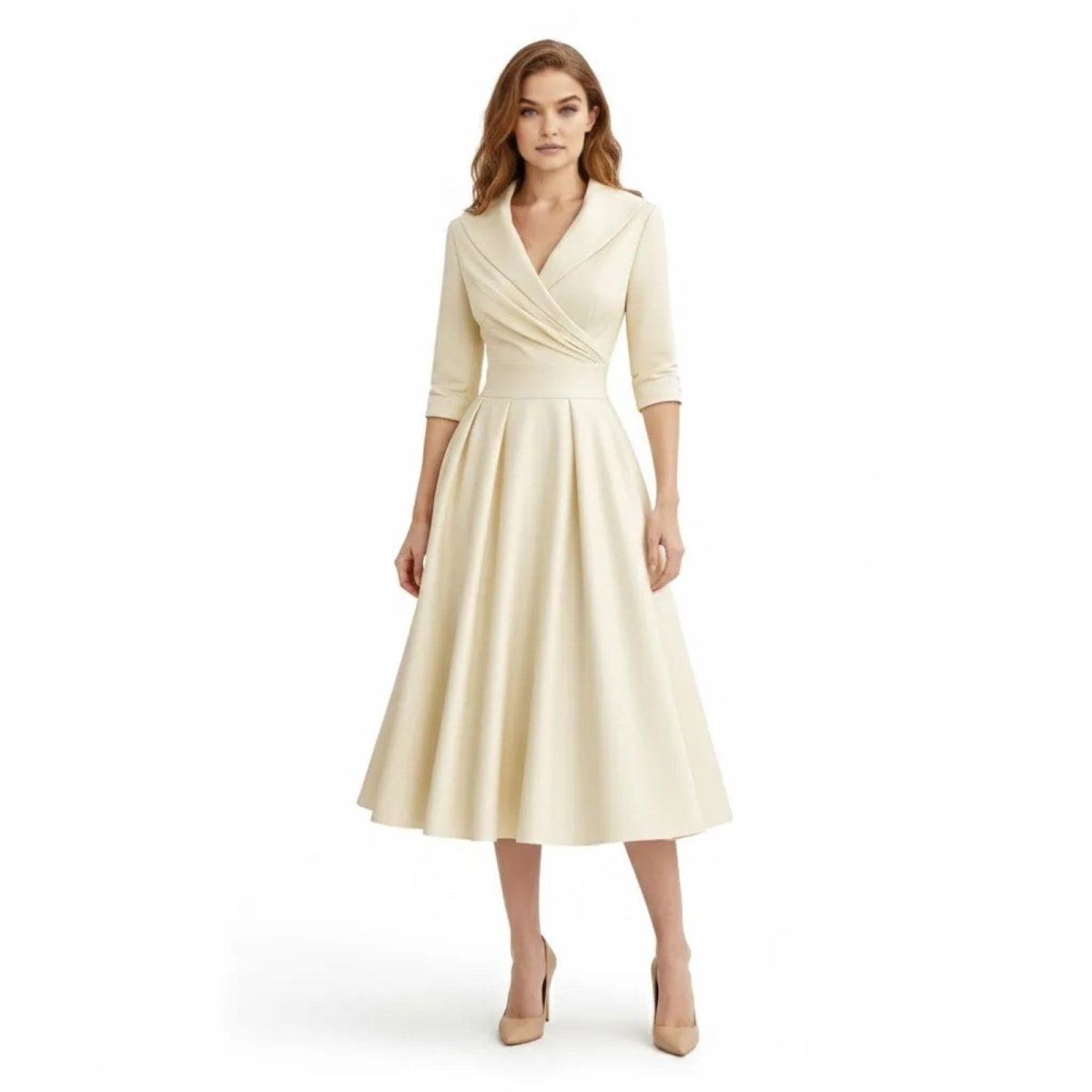 Retro Wrap Midi Dress with V-Neckline and Full Skirt