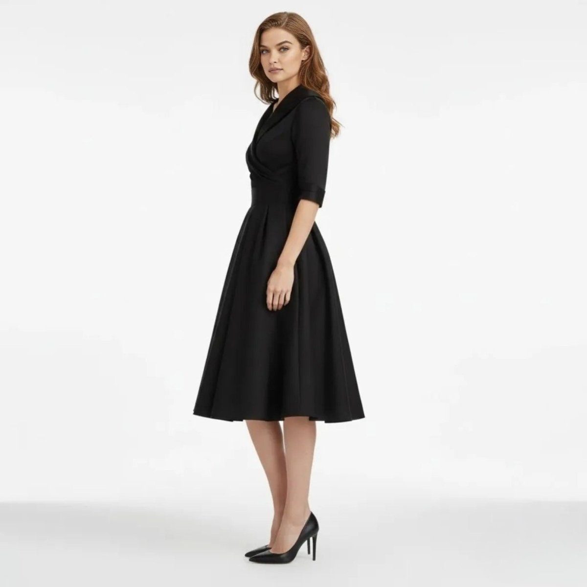 Retro Wrap Midi Dress with V-Neckline and Full Skirt