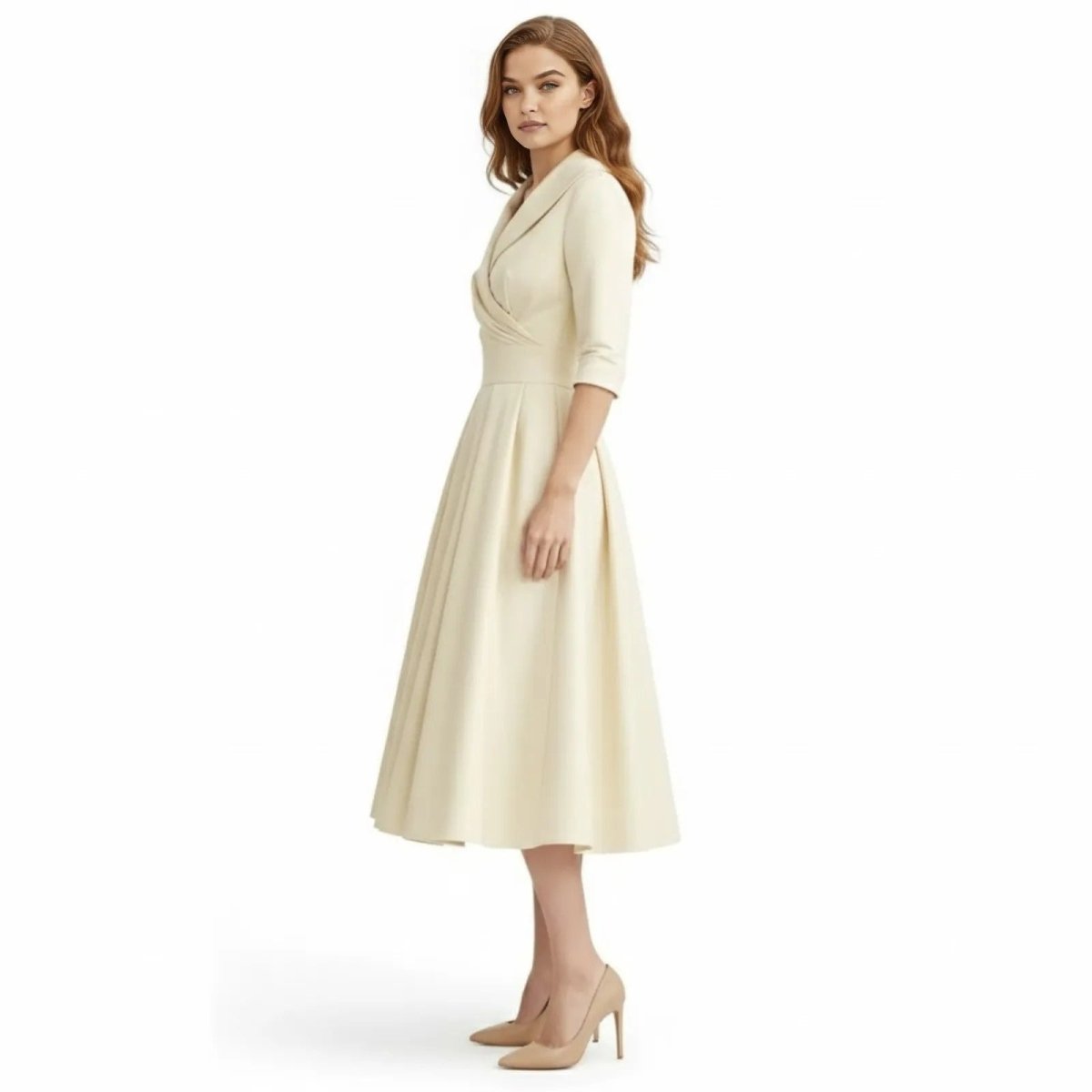 Retro Wrap Midi Dress with V-Neckline and Full Skirt