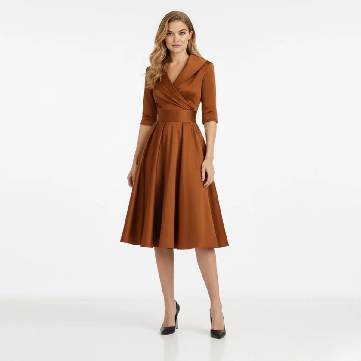 Retro Wrap Midi Dress with V-Neckline and Full Skirt