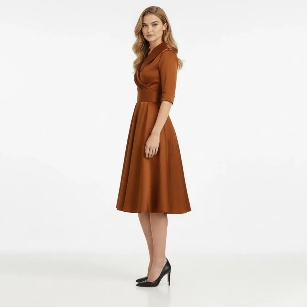 Retro Wrap Midi Dress with V-Neckline and Full Skirt