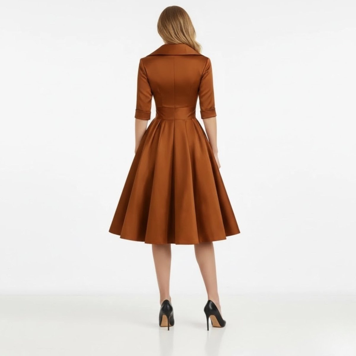Retro Wrap Midi Dress with V-Neckline and Full Skirt