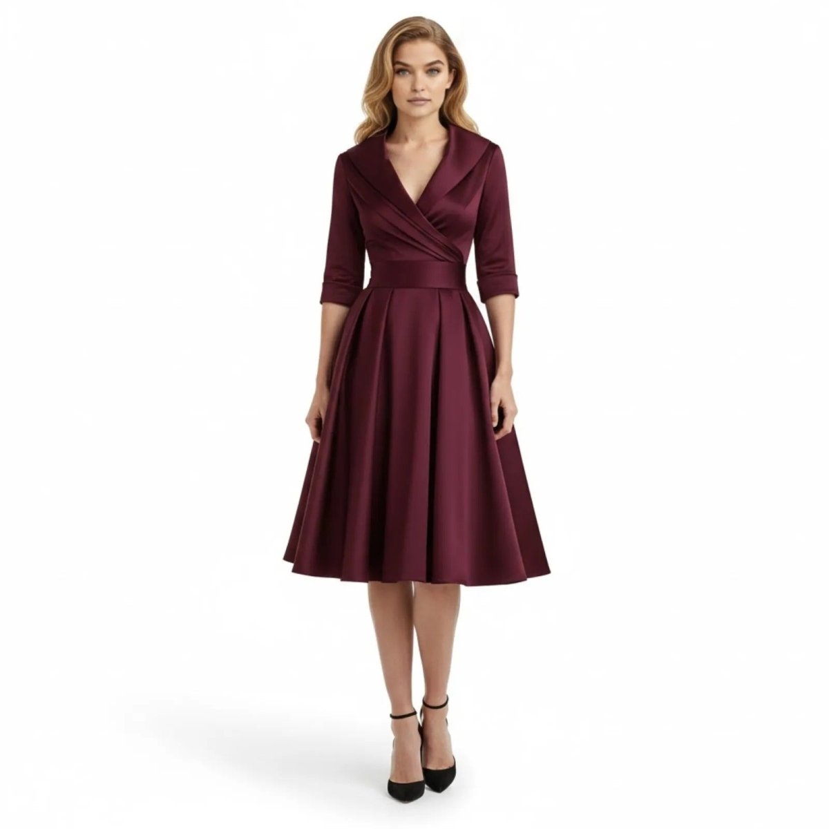 Retro Wrap Midi Dress with V-Neckline and Full Skirt