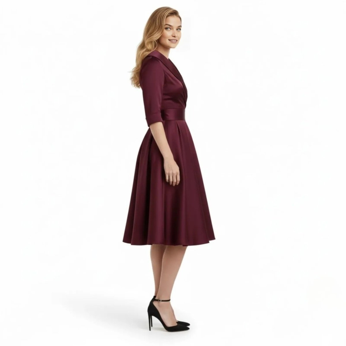 Retro Wrap Midi Dress with V-Neckline and Full Skirt