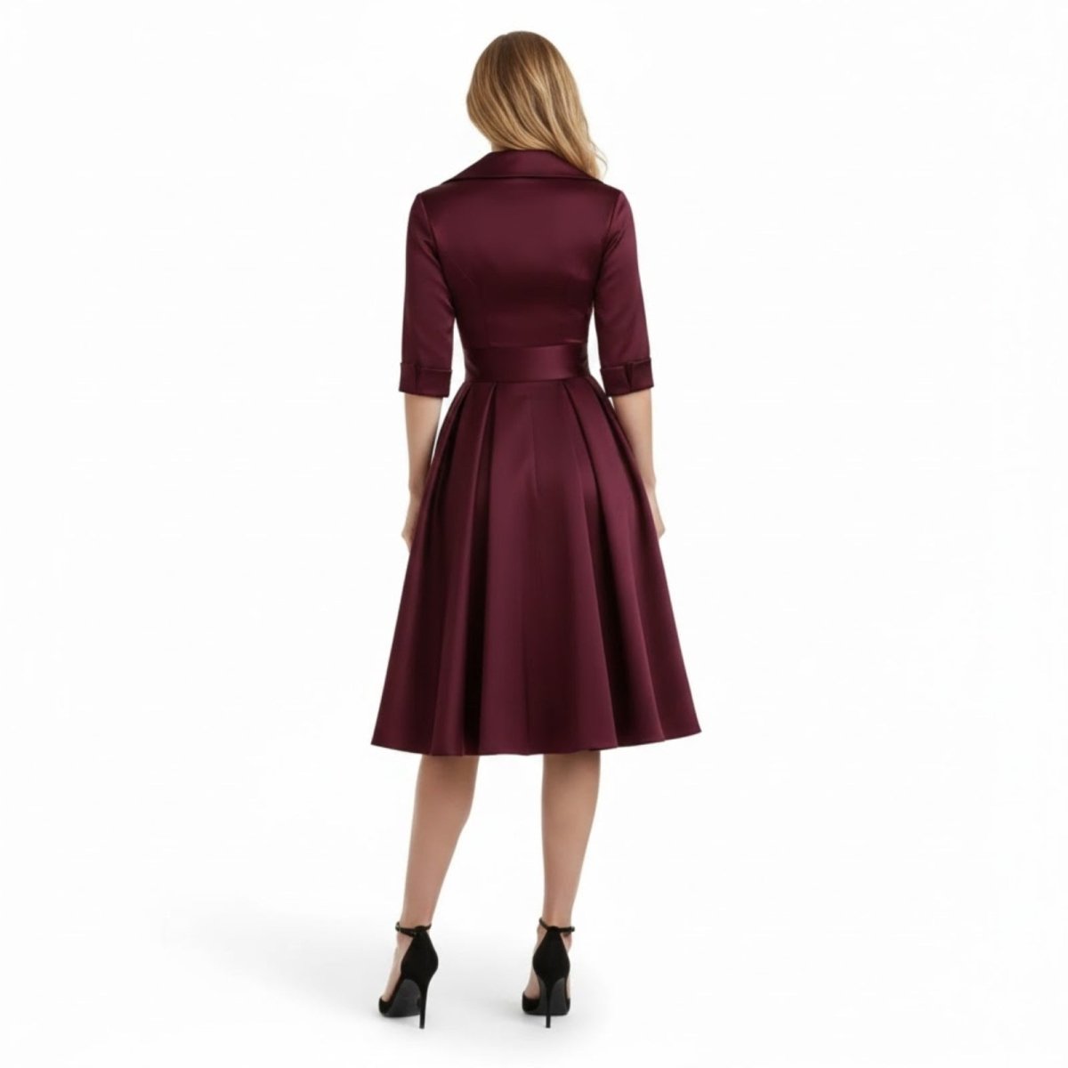 Retro Wrap Midi Dress with V-Neckline and Full Skirt