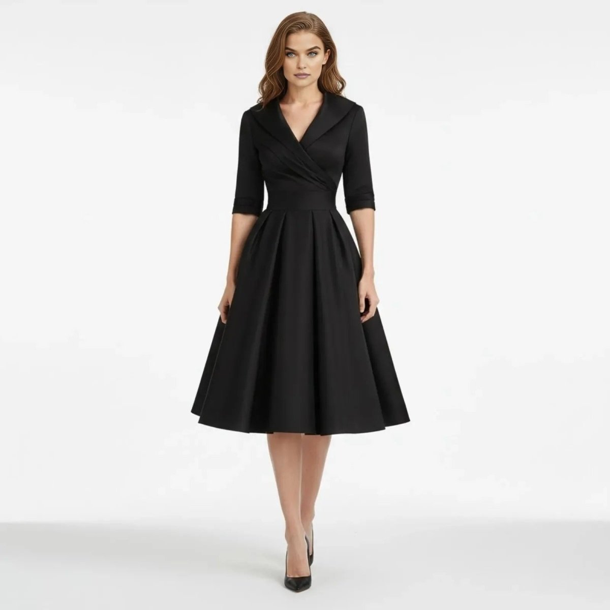 Retro Wrap Midi Dress with V-Neckline and Full Skirt
