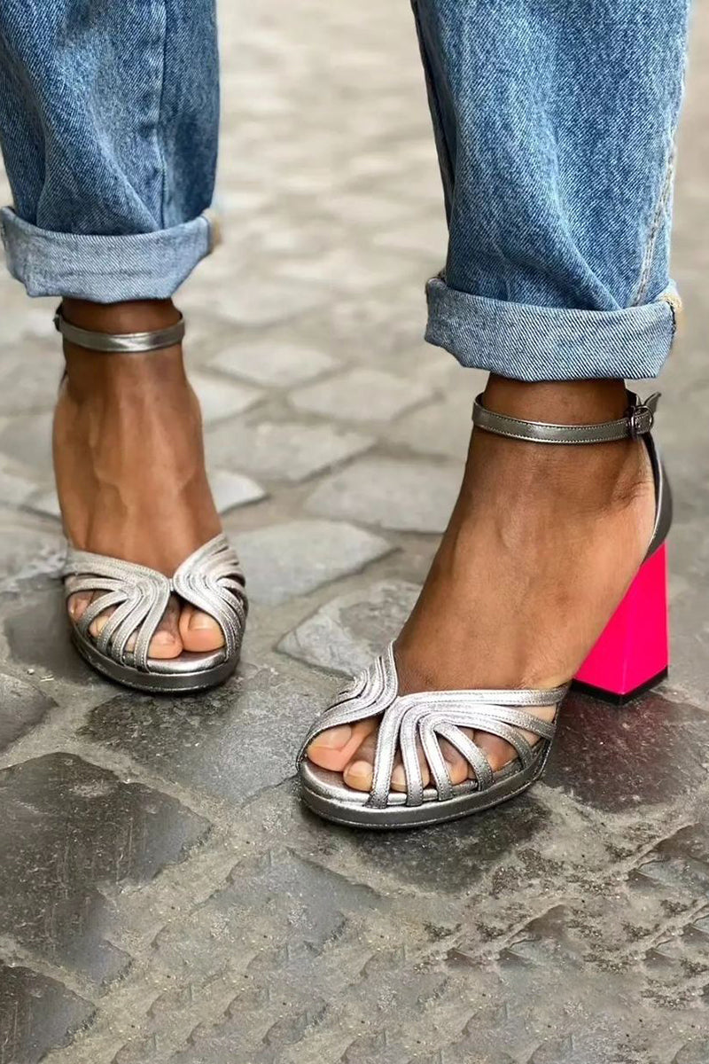 Silver Strappy Block Heel Sandals with Hot Pink Heel and Ankle Strap