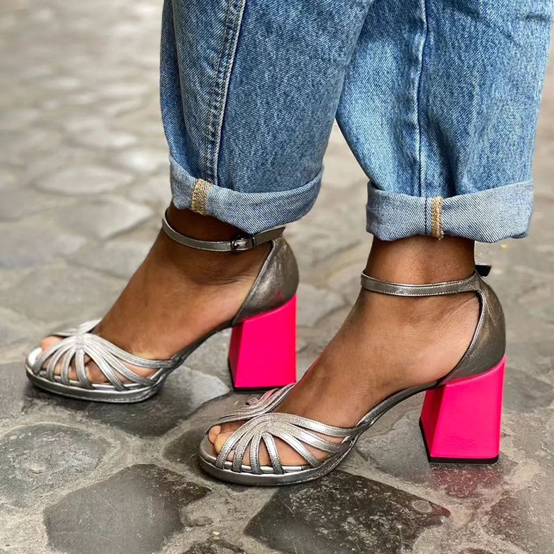 Silver Strappy Block Heel Sandals with Hot Pink Heel and Ankle Strap