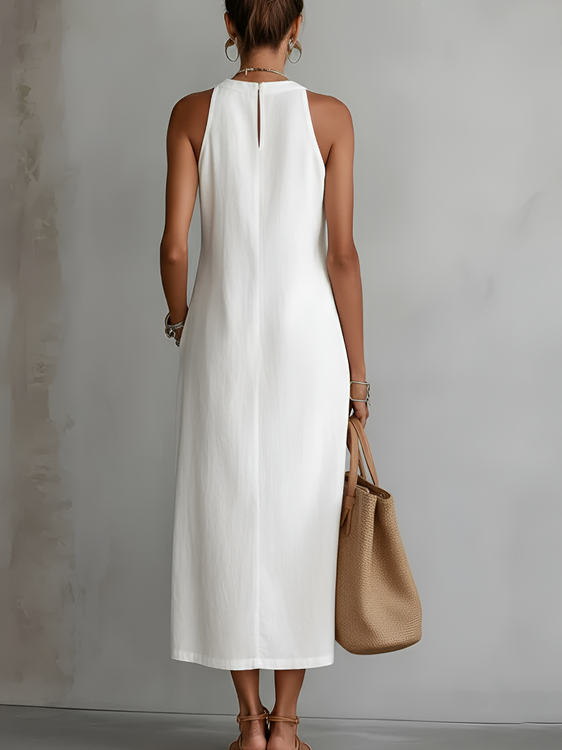 Sleeveless Lace Trim Midi Dress with Halter Neck and Side Split