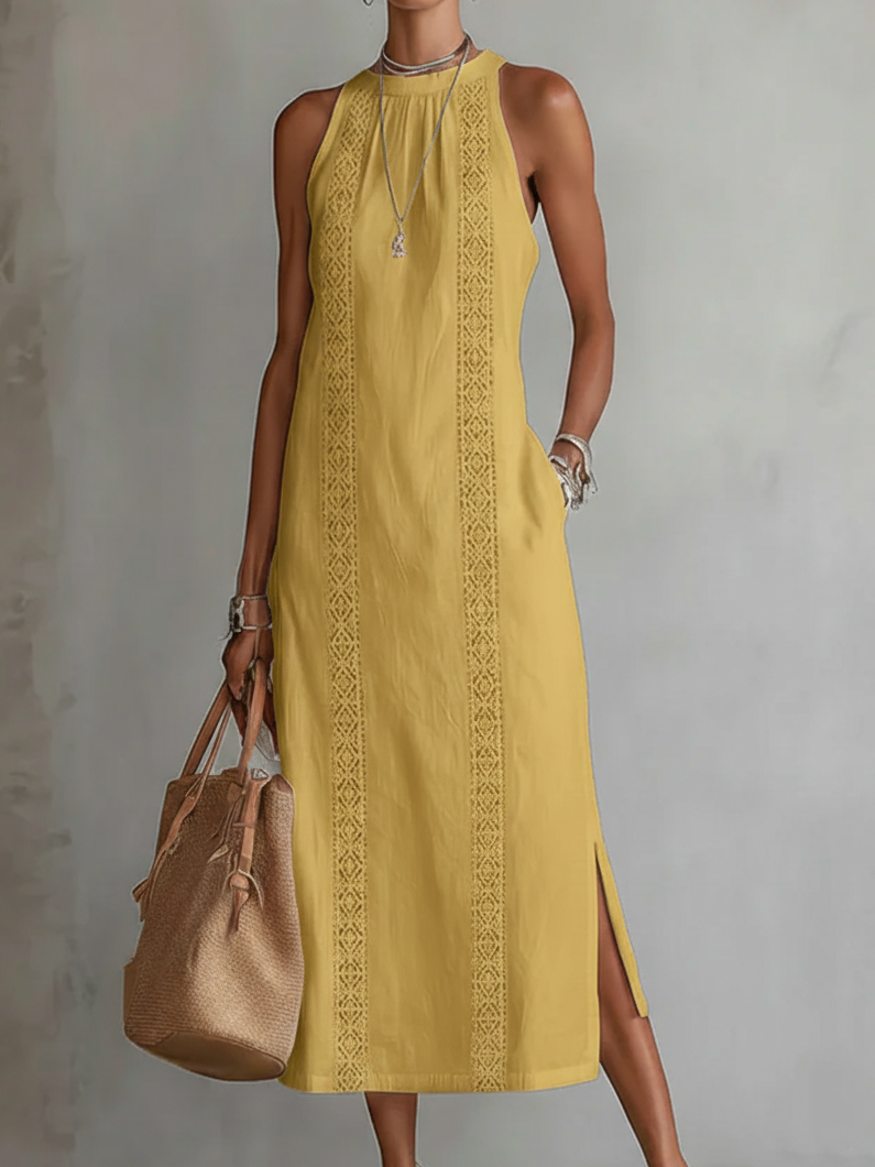 Sleeveless Lace Trim Midi Dress with Halter Neck and Side Split