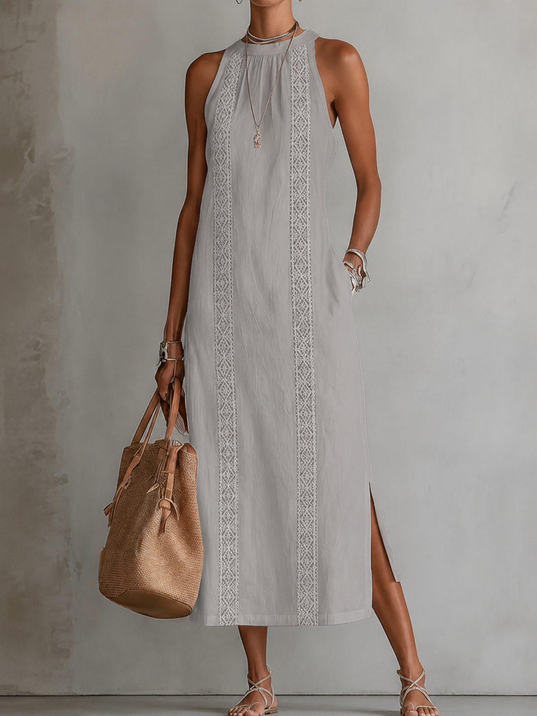 Sleeveless Lace Trim Midi Dress with Halter Neck and Side Split