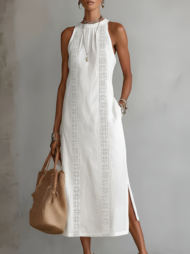 Sleeveless Lace Trim Midi Dress with Halter Neck and Side Split