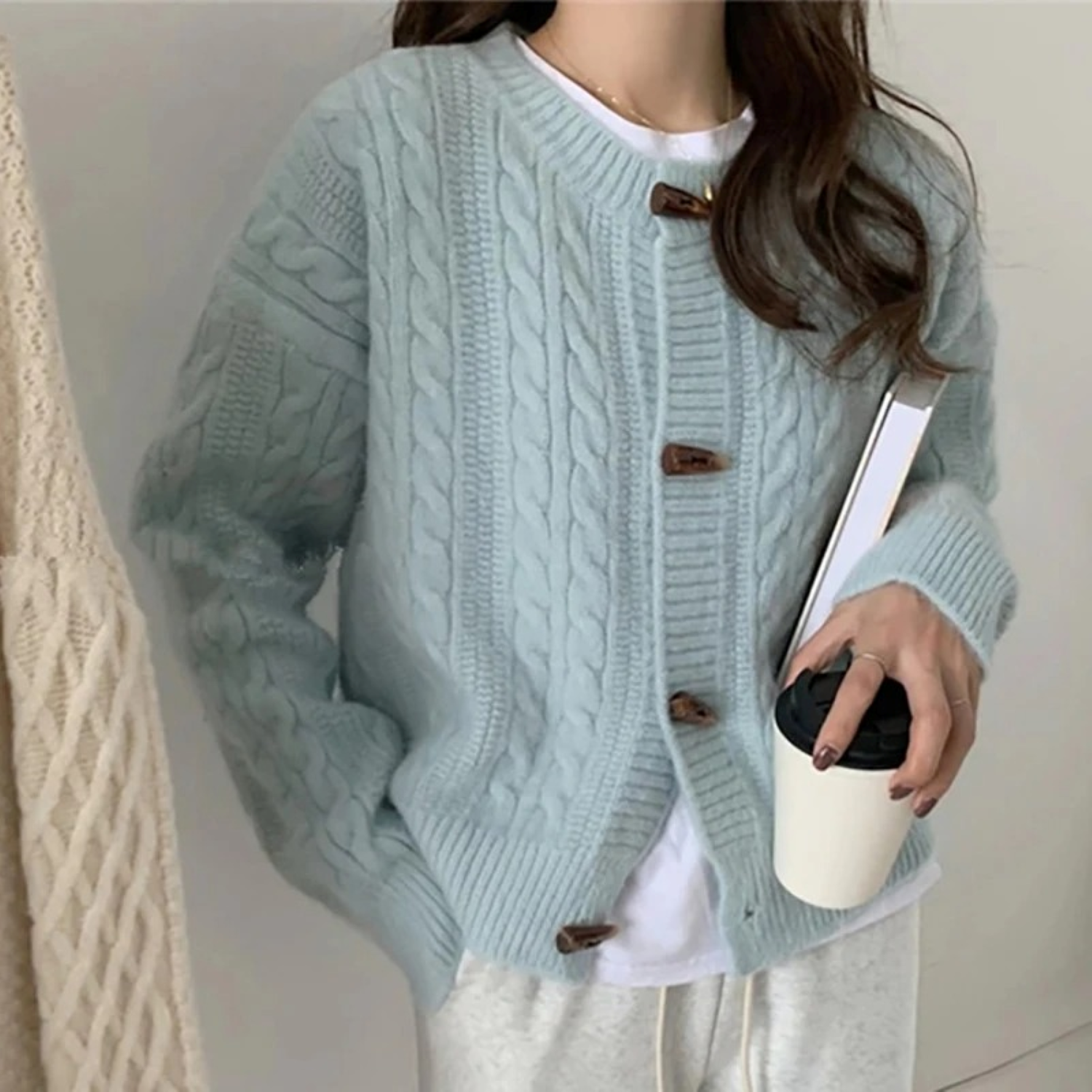 Soft Cable Knit Cardigan with Horn Buttons
