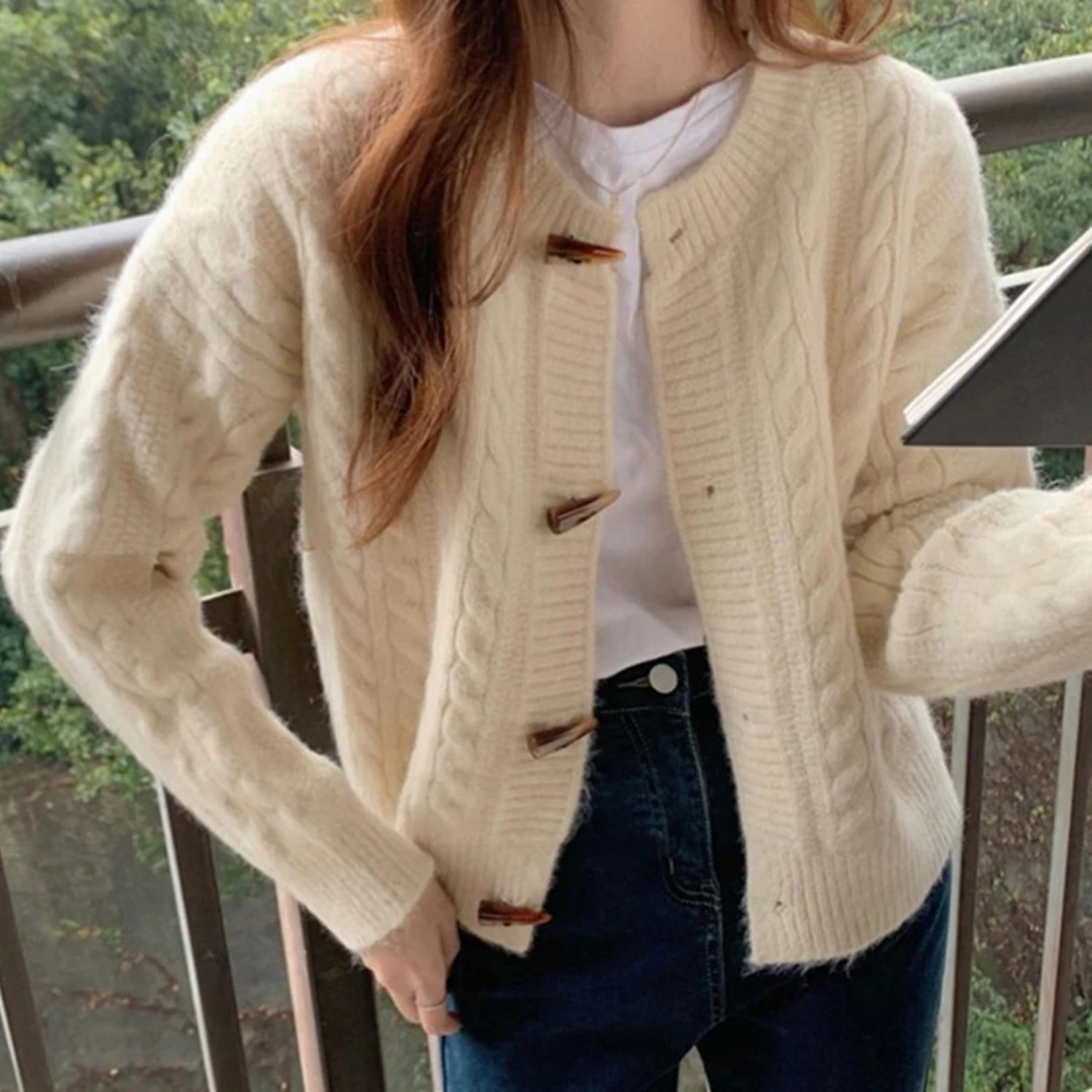 Soft Cable Knit Cardigan with Horn Buttons