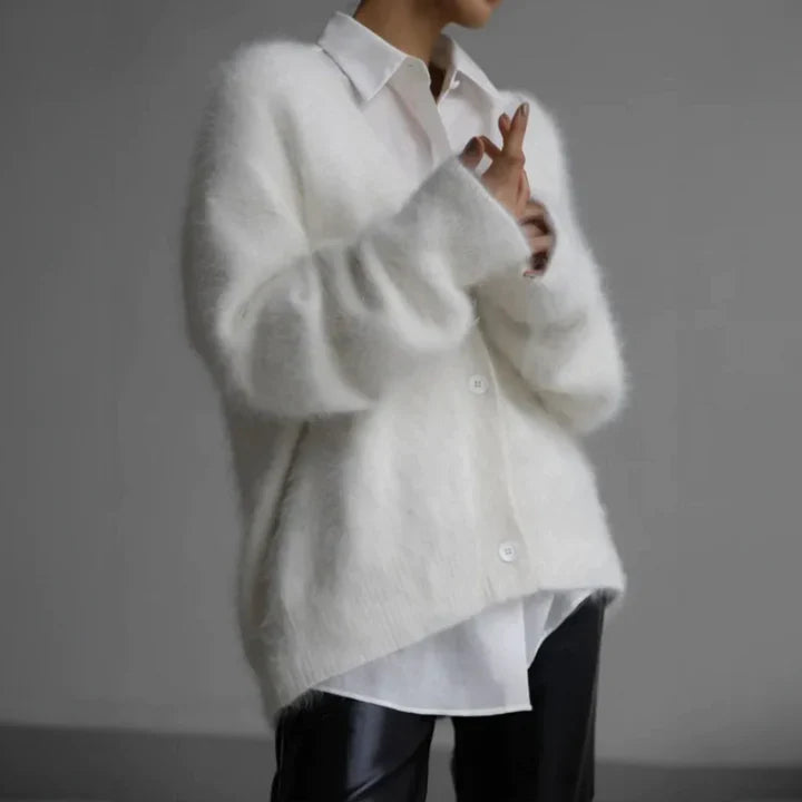 Soft Relaxed Knit Cardigan with V-Neckline and Button Front