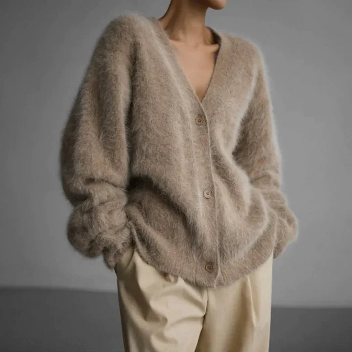 Soft Relaxed Knit Cardigan with V-Neckline and Button Front