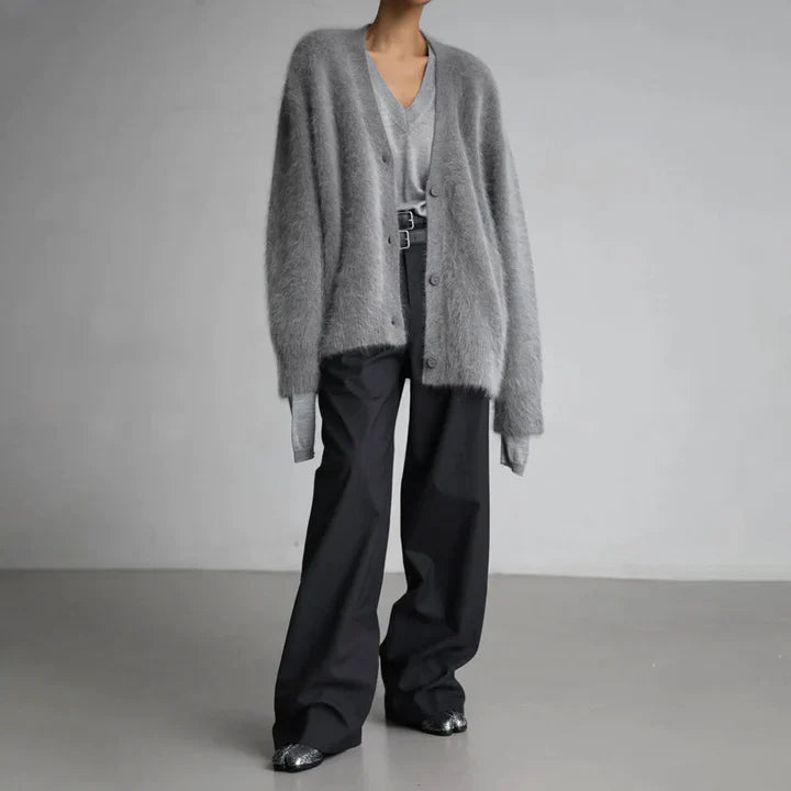 Soft Relaxed Knit Cardigan with V-Neckline and Button Front