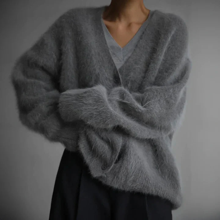 Soft Relaxed Knit Cardigan with V-Neckline and Button Front