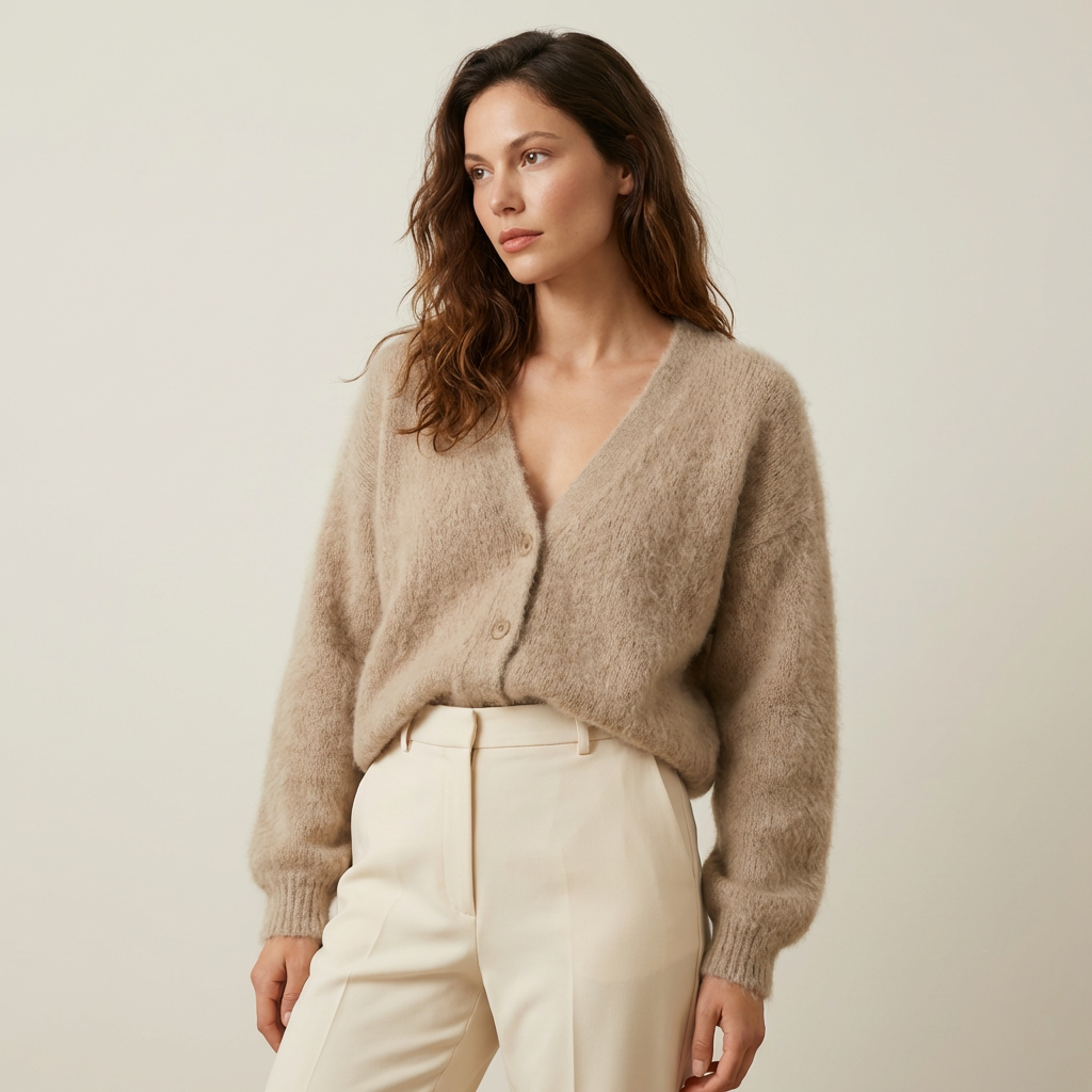 Soft Relaxed Knit Cardigan with V-Neckline and Button Front