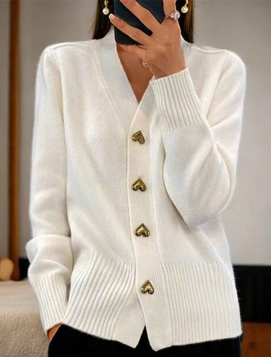 Soft Knit Cardigan with V-Neckline and Gold Heart Buttons