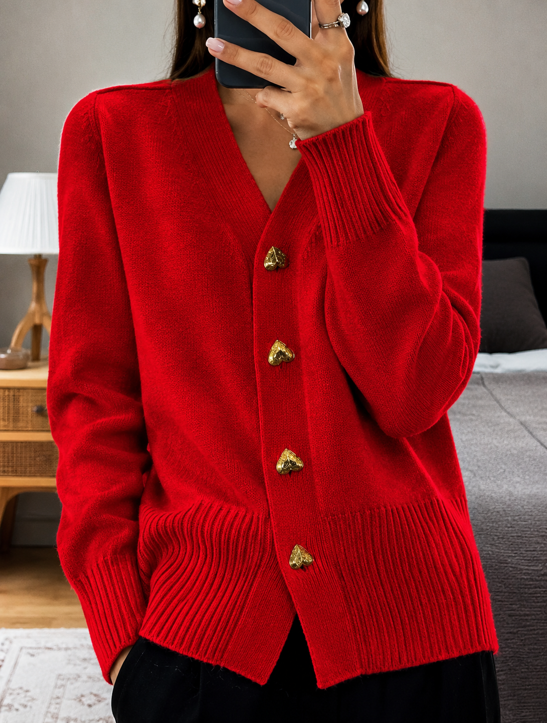 Soft Knit Cardigan with V-Neckline and Gold Heart Buttons