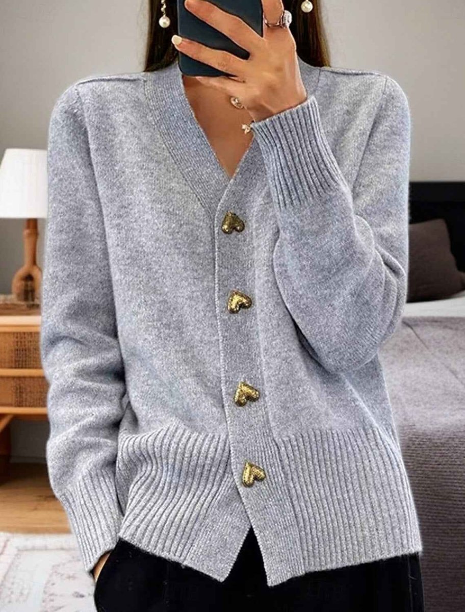 Soft Knit Cardigan with V-Neckline and Gold Heart Buttons