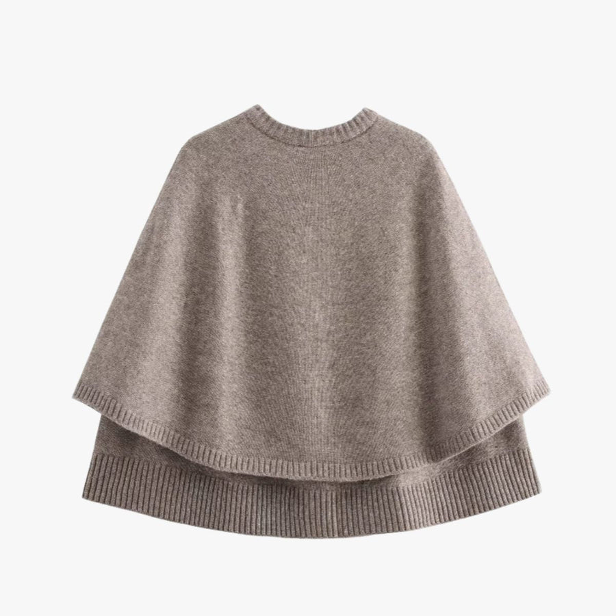 Soft Knit Poncho Cardigan with Button Front and Ribbed Trim