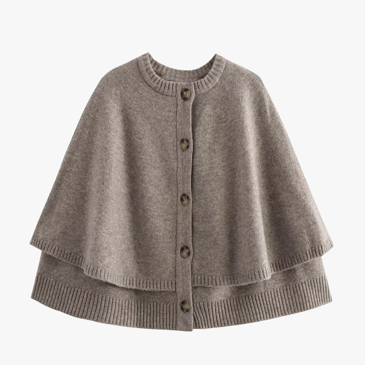 Soft Knit Poncho Cardigan with Button Front and Ribbed Trim