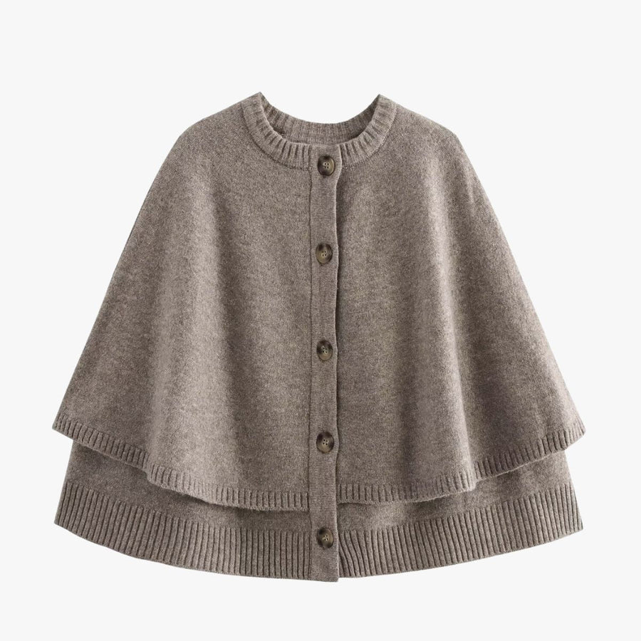 Soft Knit Poncho Cardigan with Button Front and Ribbed Trim