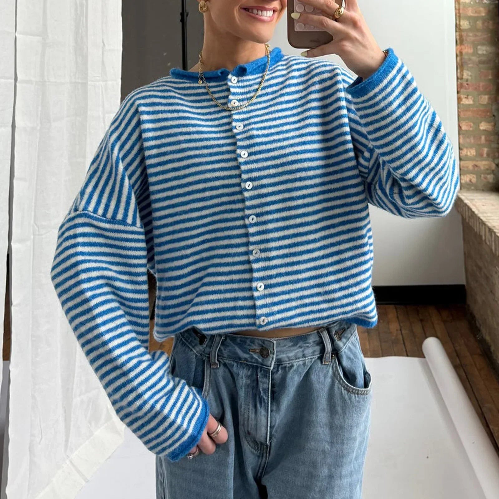 Soft Striped Cardigan with Collar and Button Front