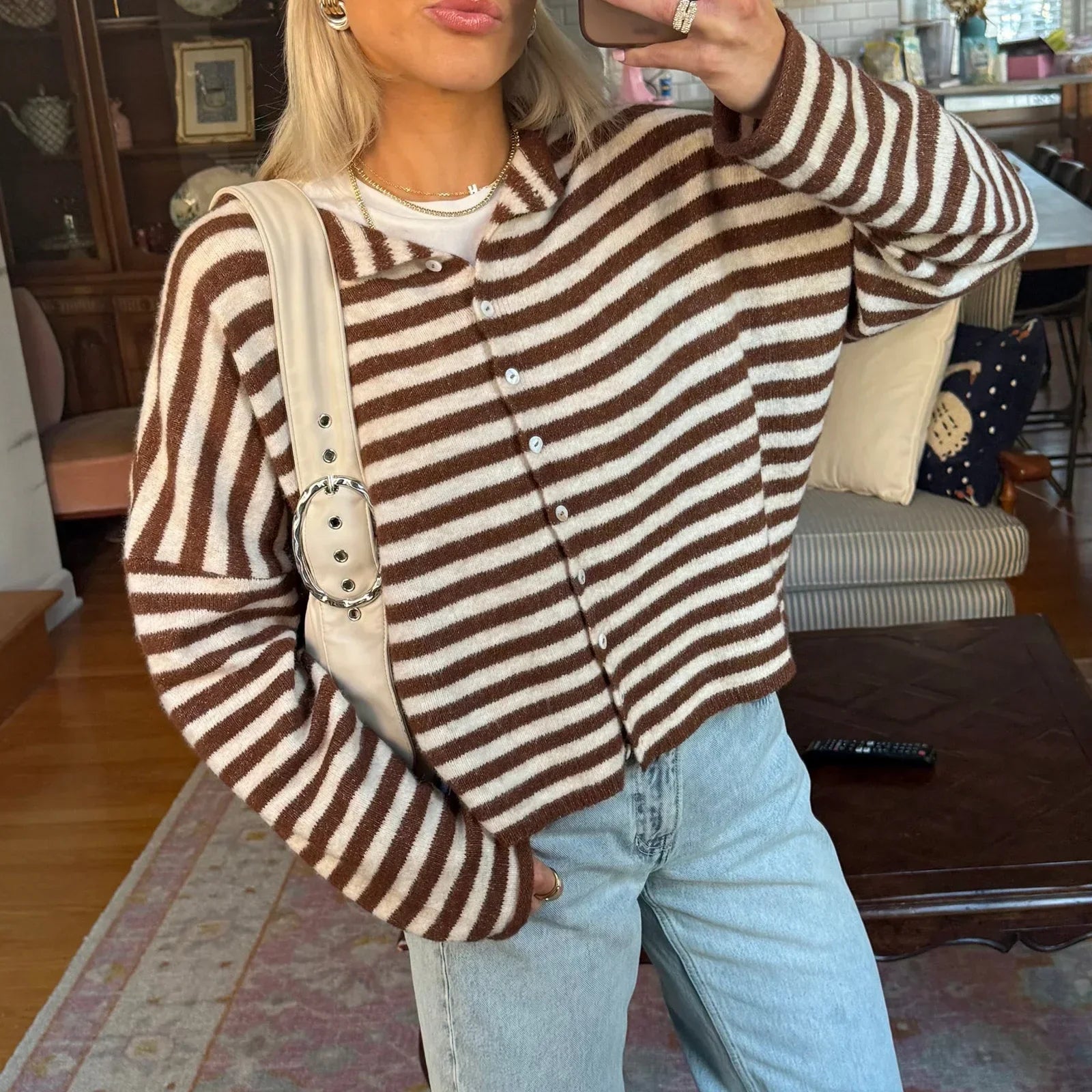 Soft Striped Cardigan with Collar and Button Front