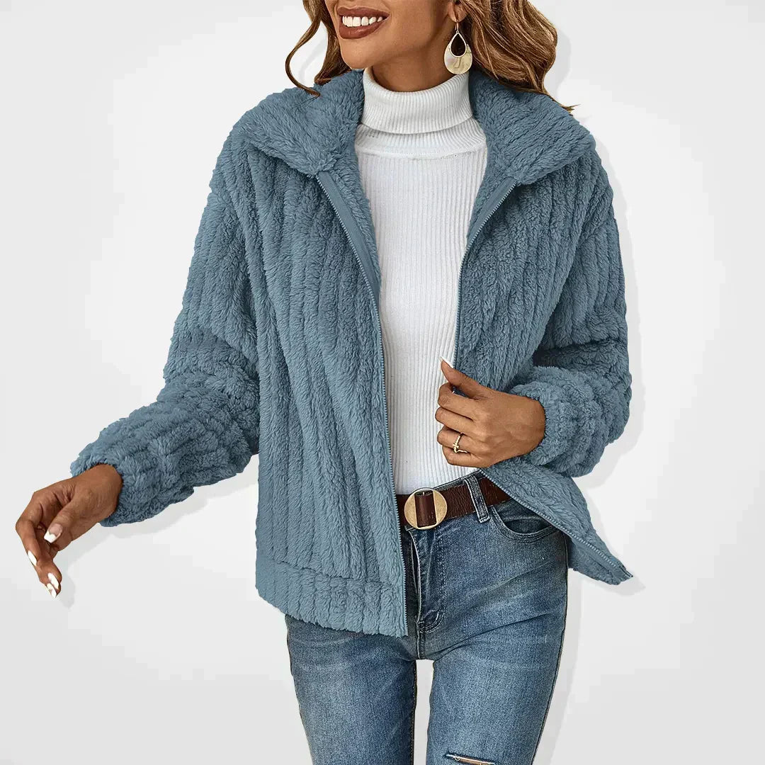 Soft Teddy Fleece Jacket with Zip Front and Collar