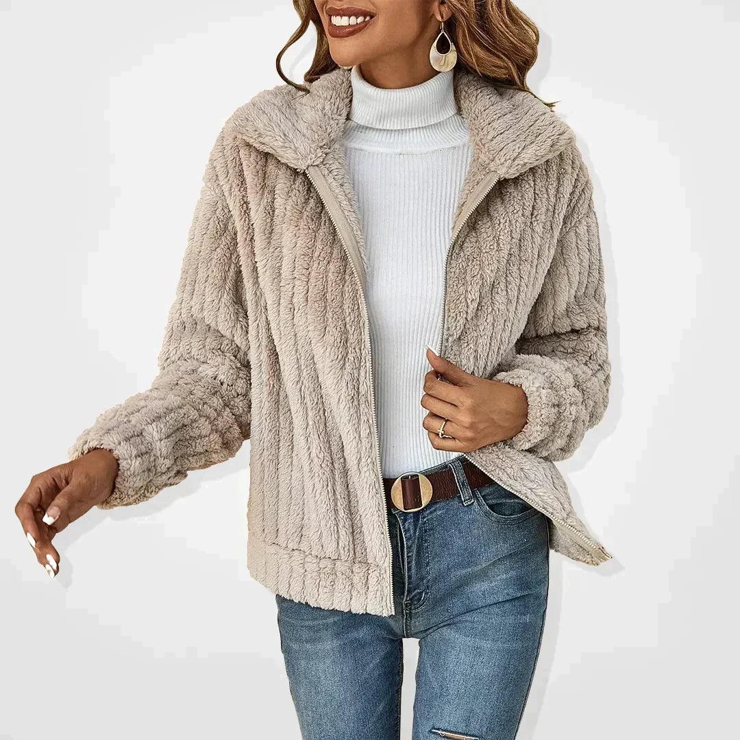 Soft Teddy Fleece Jacket with Zip Front and Collar