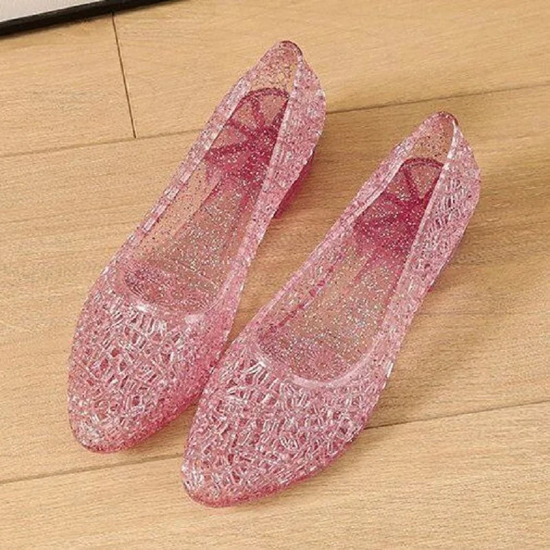 Sparkly Glitter Jelly Heels with Block Heel and Crystal Cutout Upper