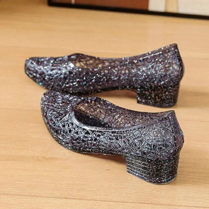 Sparkly Glitter Jelly Heels with Block Heel and Crystal Cutout Upper
