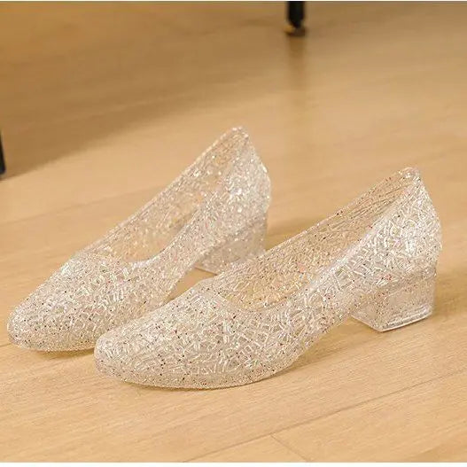 Sparkly Glitter Jelly Heels with Block Heel and Crystal Cutout Upper