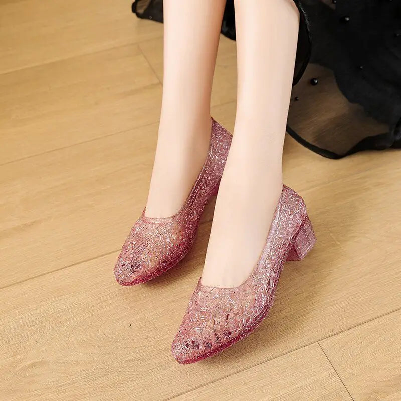 Sparkly Glitter Jelly Heels with Block Heel and Crystal Cutout Upper