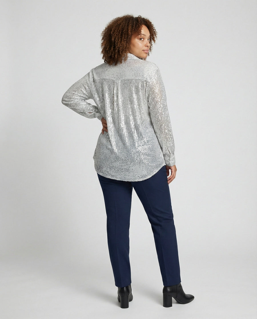 Sparkly Sequin Blouse with Classic Collar and Button Front